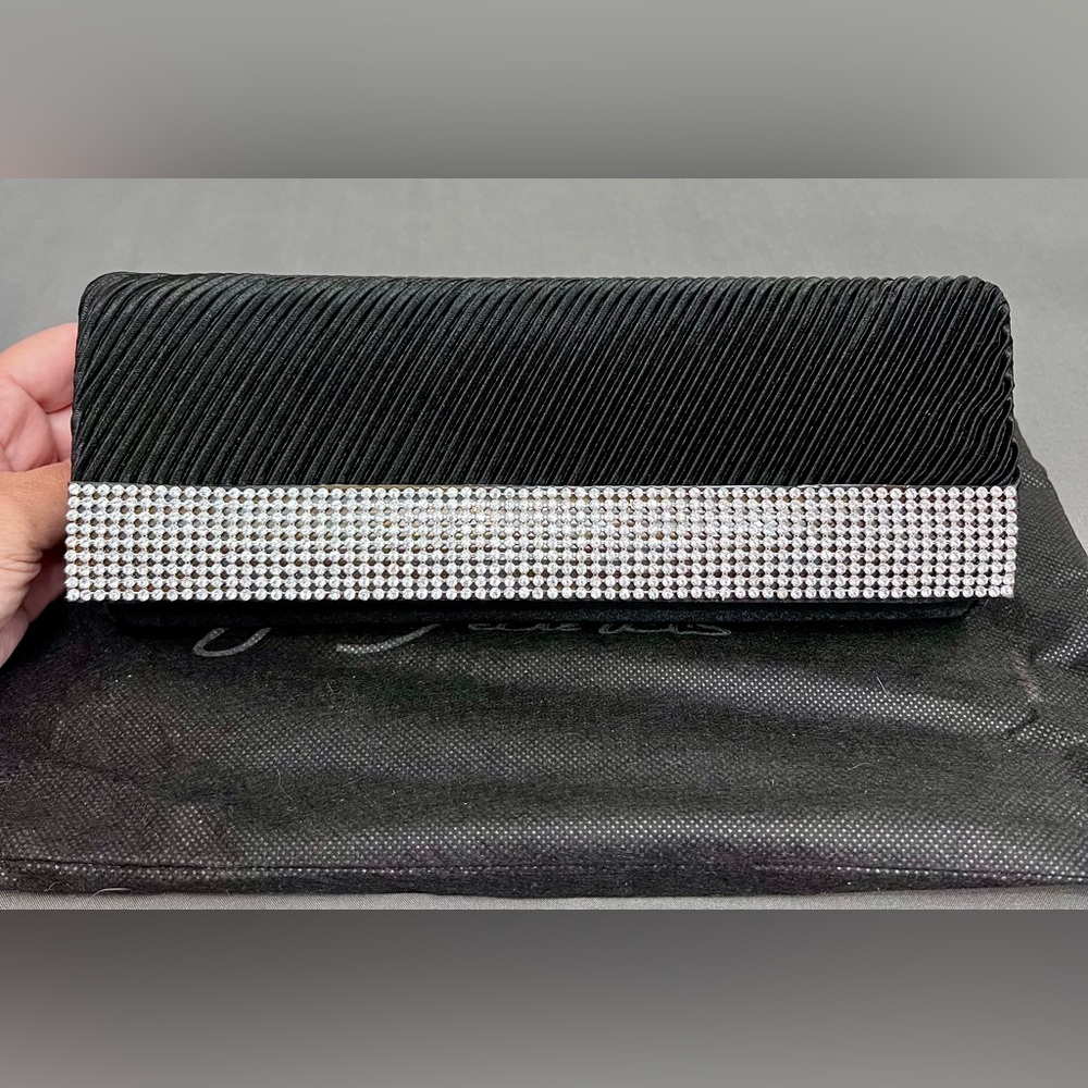 VTG J Francis Black & Rhinestone Clutch W/ Detachable Shoulder Strap 10x4”
